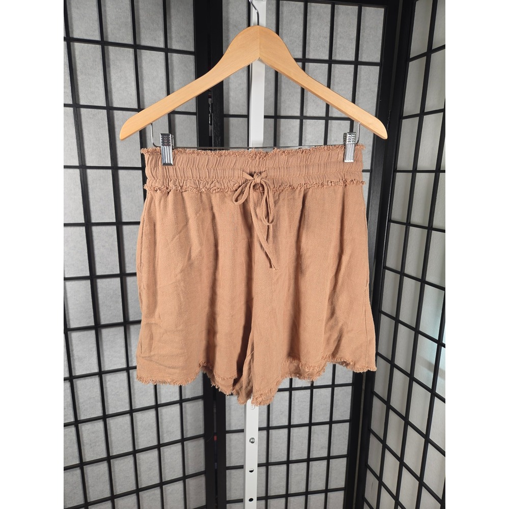 Womens‎ Tan Linen Blend Boho Fairy Earthy Frayed Hem Drawstring Shorts Size S